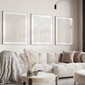 Set Of 3 Beige Simple Line Art Canvas Poster Minimalist